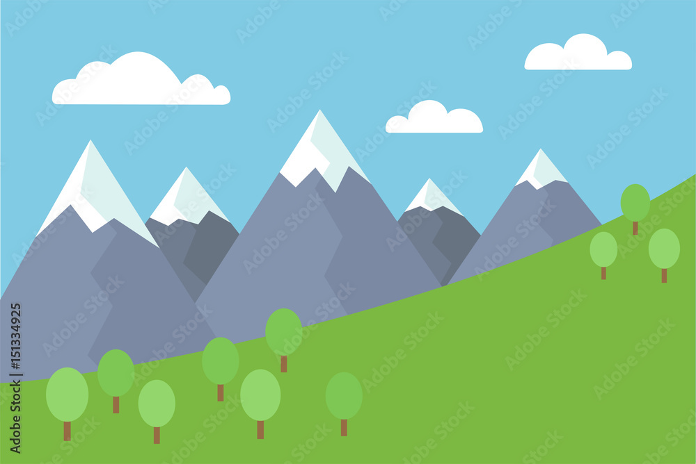 Fototapeta premium Cartoon colorful vector flat illustration of mountain landscape with snow covered peaks with trees and meadow under blue sky with clouds
