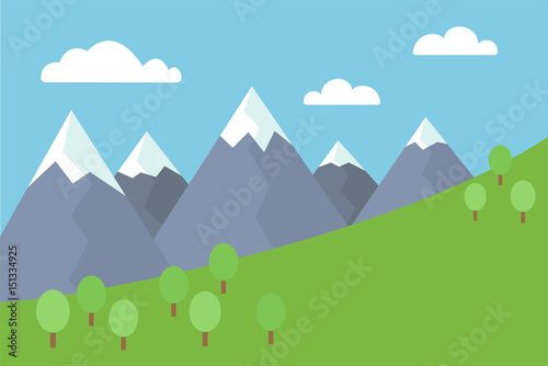 Cartoon colorful vector flat illustration of mountain landscape with snow covered peaks with trees and meadow under blue sky with clouds