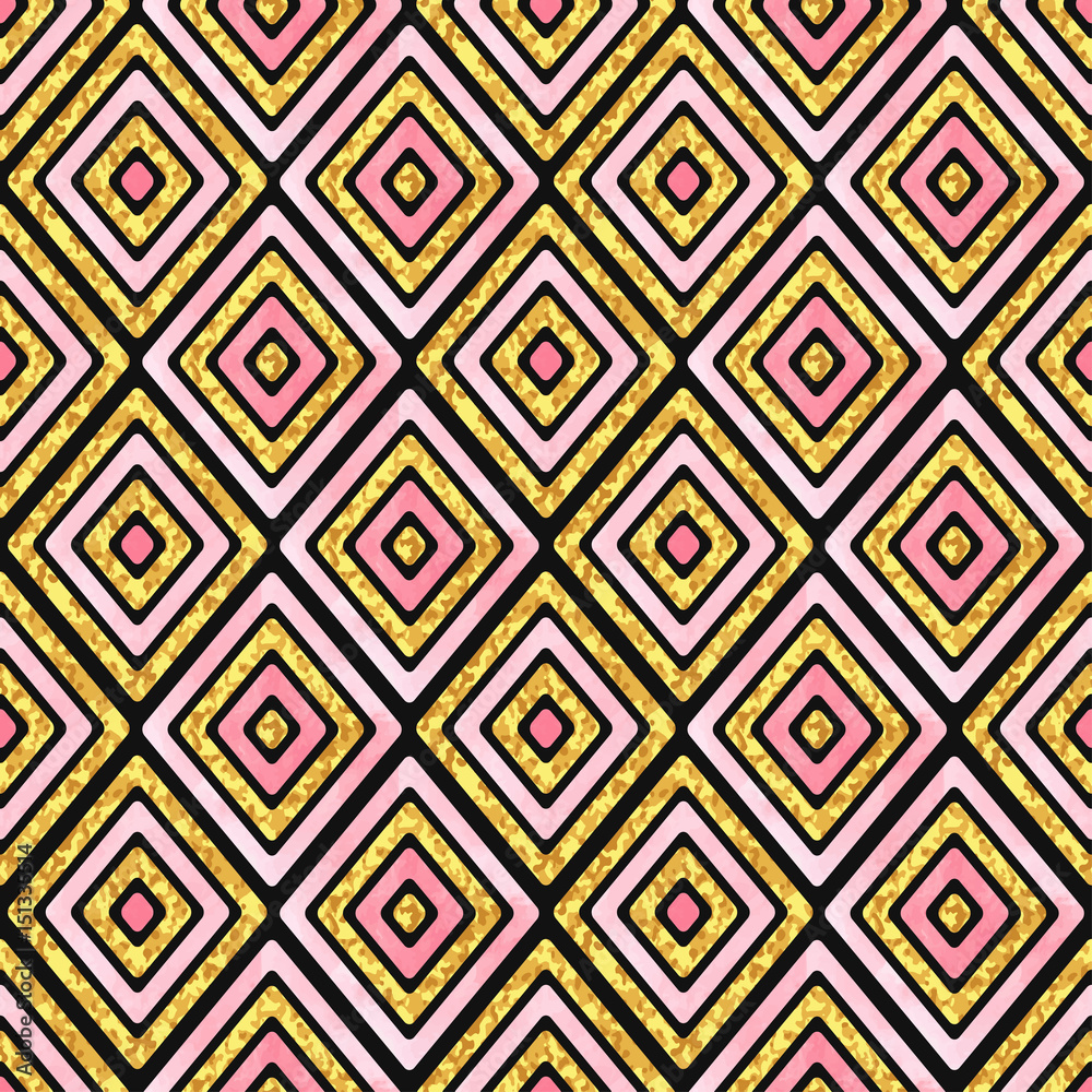 Seamless rhombus geometric pattern in pink and golden colors. Watercolor vector striped background for textile design.