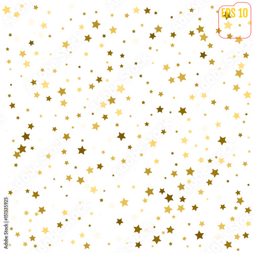 Random falling gold stars on white background. Glitter pattern for banner, greeting card, Christmas and New Year card, invitation, postcard, paper packaging. Vector illustration