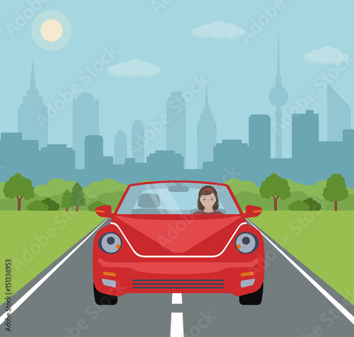 Fototapeta Naklejka Na Ścianę i Meble -  Young woman driving a red car on city background. Vector illustration. 
