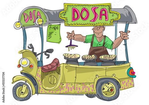 A street food vendor offers traditional dish dosa. Cartoon