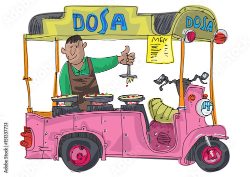 A street food vendor offers traditional dish dosa. Cartoon