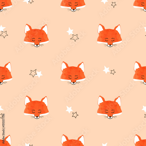 Seamless cute foxes pattern. Vector background with fox heads.