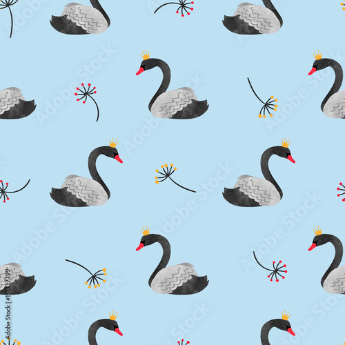 Seamless watercolor black swans pattern. Vector background