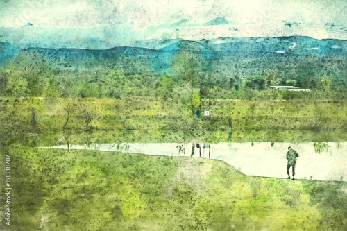 Fototapeta samoprzylepna Krajobraz w Gruzji, autostrada Kakheti. Malowanie akwareli.