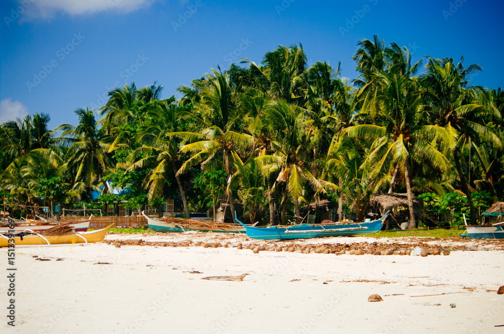 Tropical white sand beach with green palm trees and parked fishing boats in the sand. Exotic island paradise