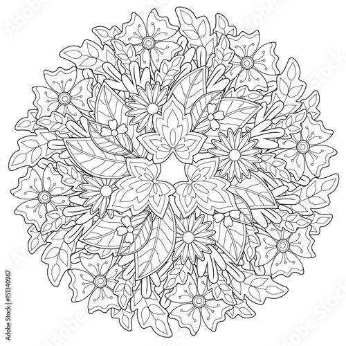 Black and white floral pattern for coloring book in doodle style. Vector elements for design. Good for art therapy, zentangle-style meditation and design of wrapping and textile.
