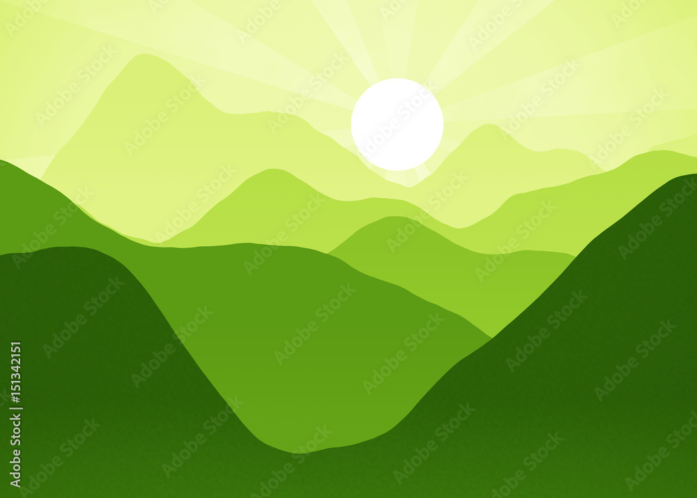 Green Dawn - Mountain Landscape View Window - Rays Background - Foggy Morning