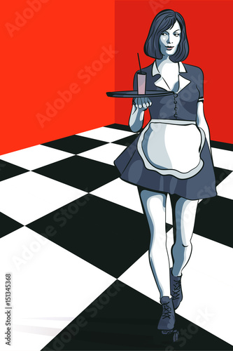 Waitress with a tray on roller skates, vector art. Waitress from a diner. Short skirt.