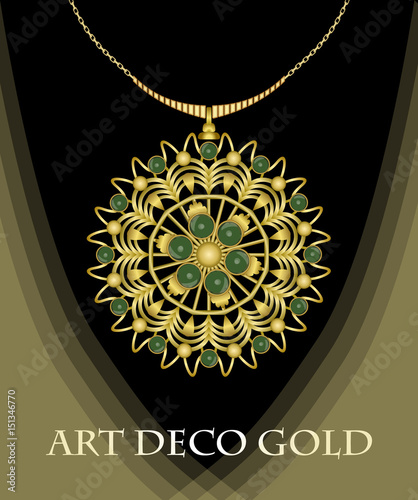 Luxurious art deco necklace with green gems emerald, fashion in victorian style, antique jewel