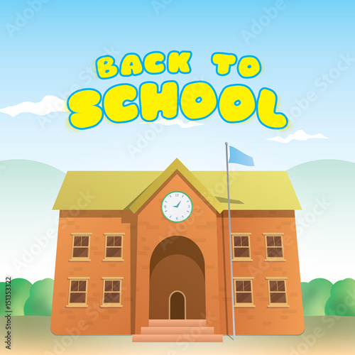 Back to school heading and brick school building cartoon design illustration vector. Education concept.