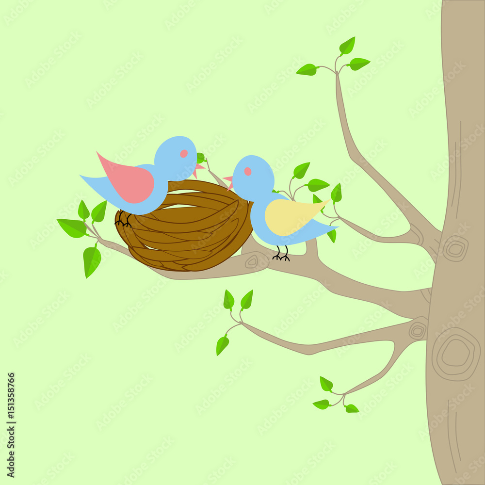 Two birds and a nest on a tree