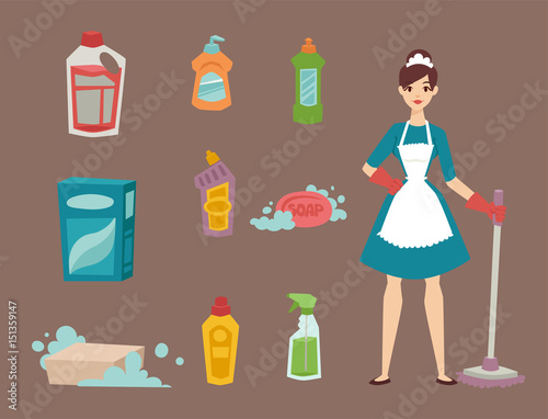 Housewife girl homemaker cleaning pretty girl wash cleanser chemical housework product equipment vector.