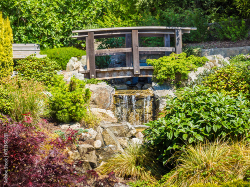 Japanese garden design with waterfall and bridge