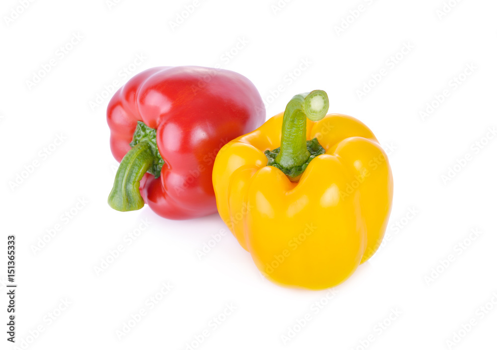 fresh red and yellow sweet pepper with stem on white background fresh red and yellow sweet pepper with stem on white background