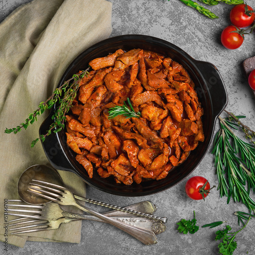 Pan with meat goulash stroganoff