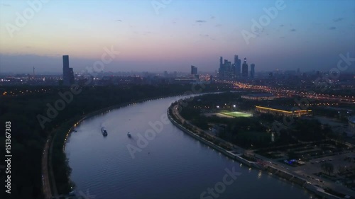 sunset night moscow city famous sparrow hills cityscape aerial panorama 4k russia
