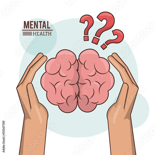 mental health, hand holding brain human with exclamation mark knowledge vector illustration