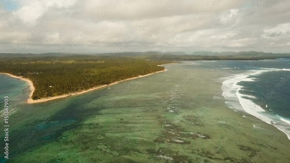 Aerial view of tropical beach on the island Siargao, Philippines. Beautiful tropical island with sand beach, palm trees. Tropical landscape: beach with palm trees. Seascape: Ocean, sky, sea Aerial view of tropical beach on the island Siargao, Philippines. Beautiful tropical island with sand beach, palm trees. Tropical landscape: beach with palm trees. Seascape: Ocean, sky, sea