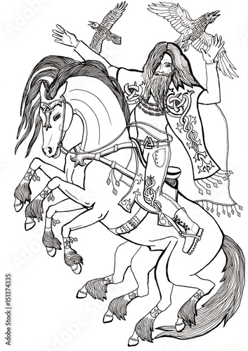 Hand drawn illustration of Odin on roaring horse Sleipnir and ravens black and white 