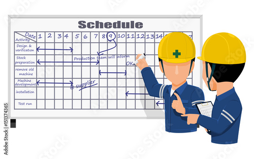 Two engineers are discussing about work Schedule on site
