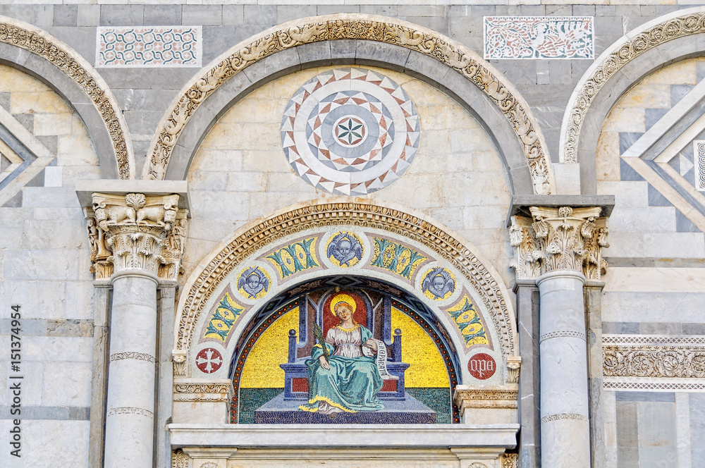 Mosaic by Giuseppe Modena da Lucca of the Saint Reparata, lunette above left door of the Cathedral (Duomo) in Pisa, Tuscany, Italy
