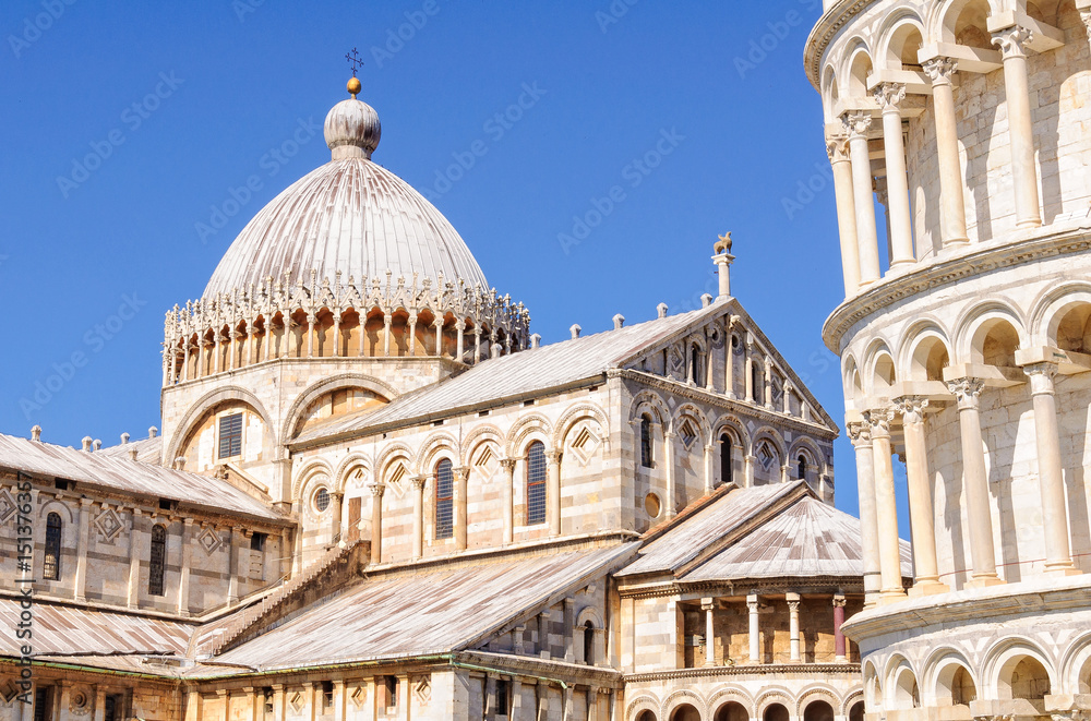 Leaning Tower (Torre Pendente) and the Cathedral (Duomo) with the Greek Cross on its dome and the bronze hippogriff on its roof - Pisa, Tuscany, Italy