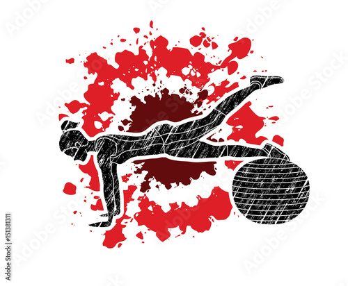 Woman exercising fitness swiss ball, female with pilates ball designed using grunge brush on splatter blood background graphic vector