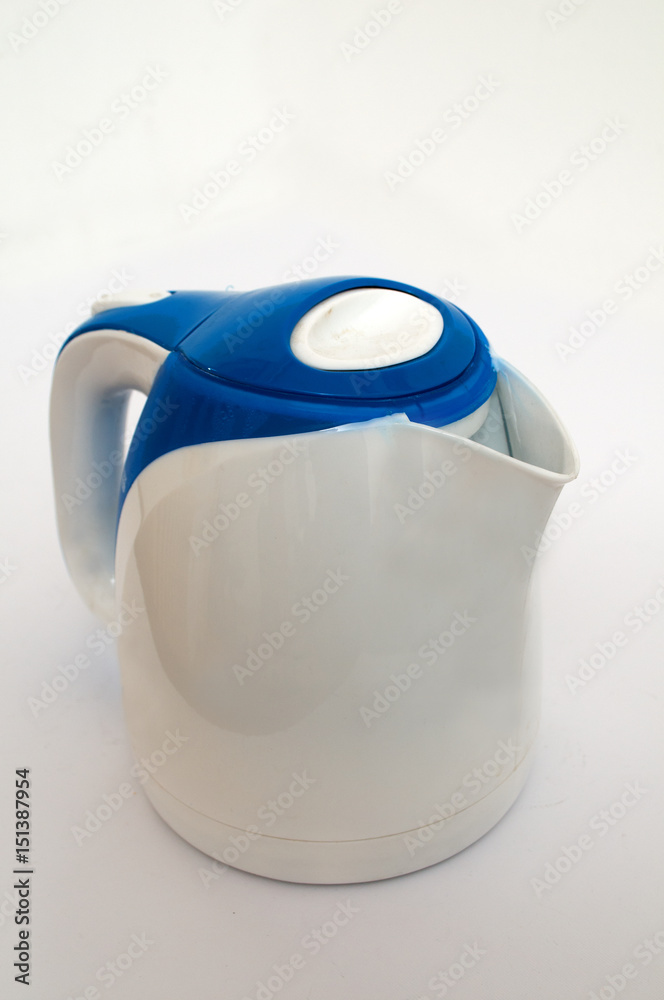 Blue and white electric kettle on a white background Blue and white electric kettle on a white background