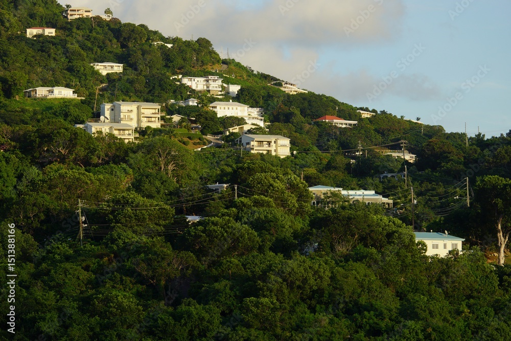 Evening view of buildings in Prince Ruperts Cove, St. Thomas, USVI.