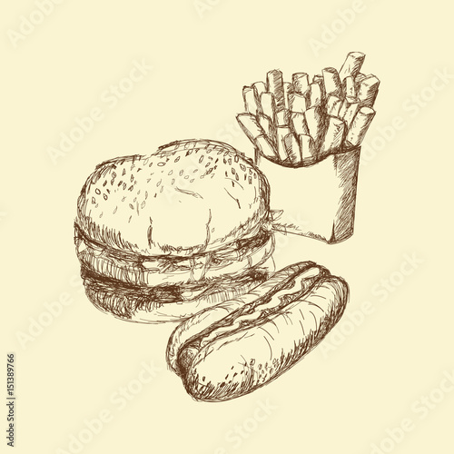 hand drawn burger hot dog french fries food elements. food for menu decoration. vector illustration design