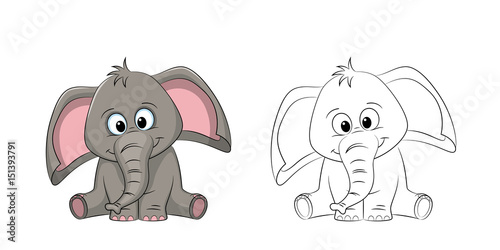 Illustration of a cute elephant, painted and contour