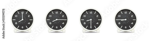Closeup group of black and white clock with shadow for decorate show the time in 8 , 8:15 , 8:30 , 8:45 a.m. isolated on white background , beautiful 4 clock picture in different time