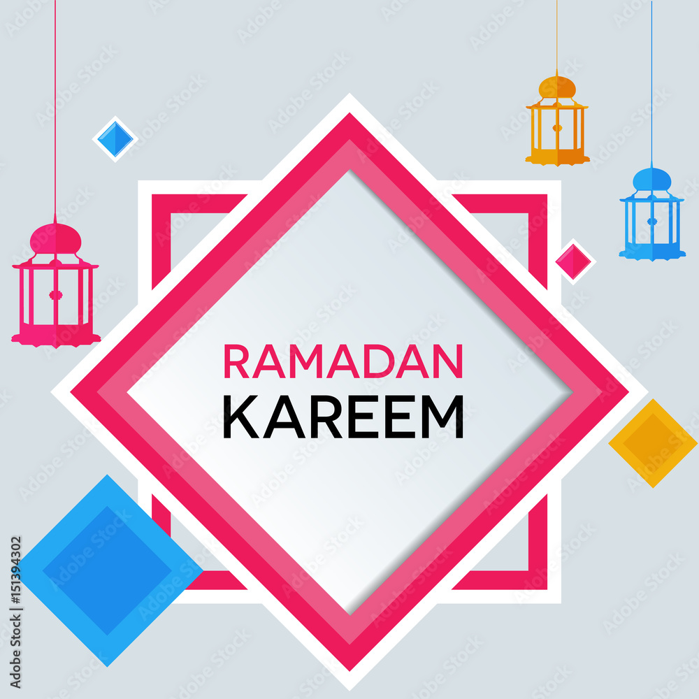 Ramadan Kareem greeting card with color full lettering banner vector illustration