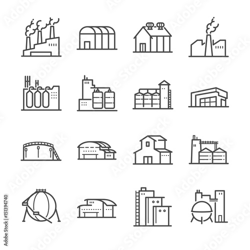 Factory and industrial vector line icon set. Included the icons as factory, silo, warehouse, workshop and more. 