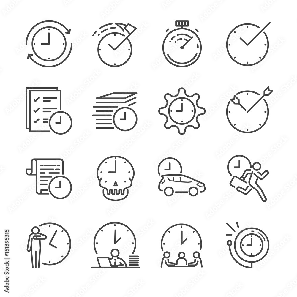 Time Management vector line icon set. Included the icons as clock, time, reminder, velocity and more. Time Management vector line icon set. Included the icons as clock, time, reminder, velocity and more.
