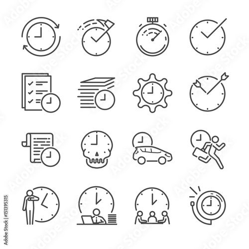 Time Management vector line icon set.  Included the icons as clock, time, reminder, velocity and more.