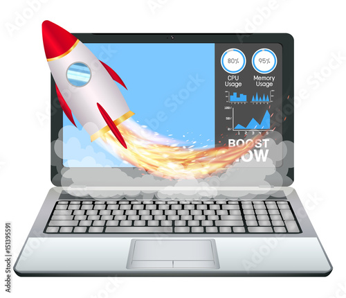 A laptop with speed acceleration boost toy rocket