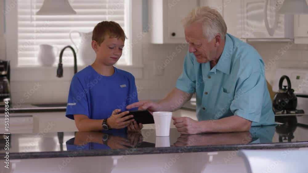 Grandson showing grandfather how to use tablet Grandson showing grandfather how to use tablet