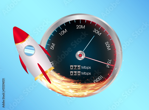 A fast internet speed test meter with toy space rocket