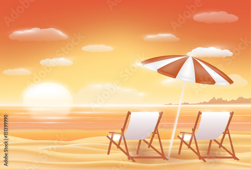 Beautiful sunset sea sand beach scene  with beach chair