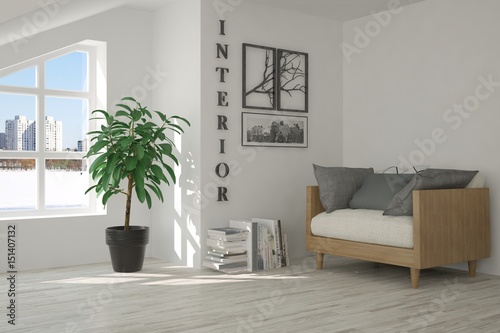 White room with armchair and urban landscape in window. Scandinavian interior design. 3D illustration