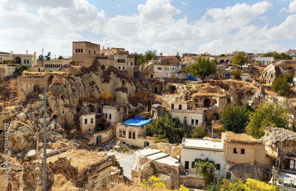 View of Ortahisar town old houses. Cappadocia. Turkey