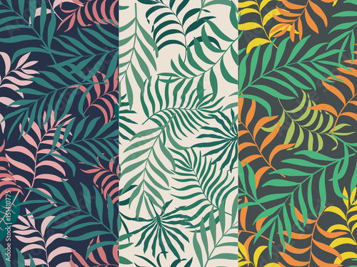 Set of three seamless floral pattern. Tropical background with palm leaves