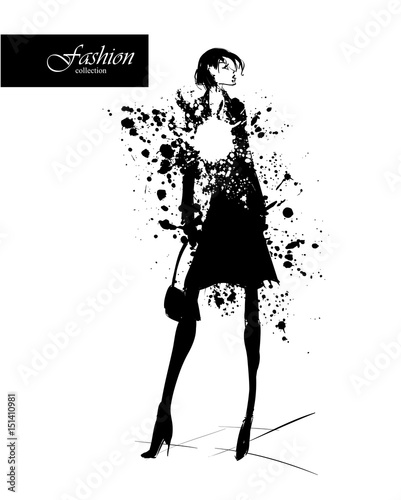 Fashion girl in sketch-style. Vector illustration with blots and