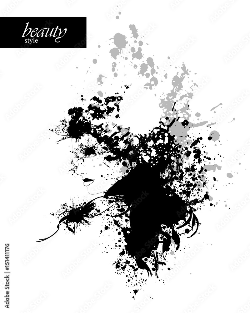 Abstract face. Ink composition with a lady and blots Abstract face. Ink composition with a lady and blots