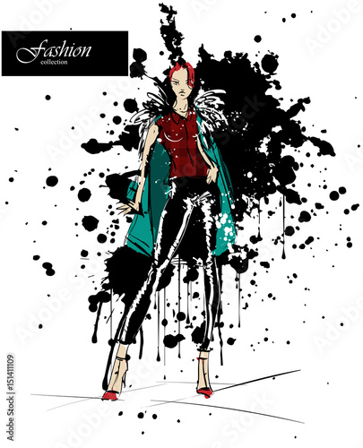 Fashion girl in sketch-style. Vector illustration with blots and splashes.