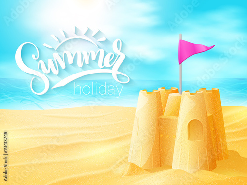 vector hand lettering summer inspirational phrase with sand castle on sea beach background