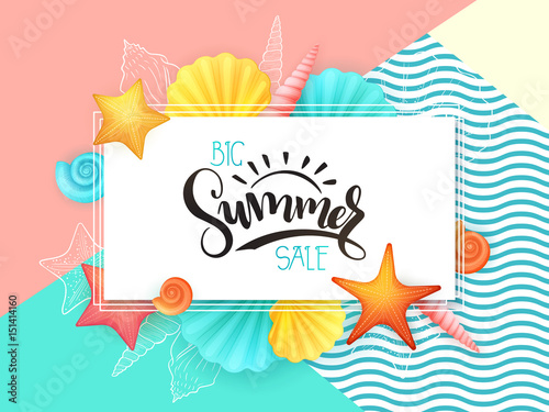 vector hand lettering summer sale text surrounded with detailed flat and doodle seashells